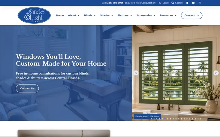 Shade & Light Window Fashions website homepage designed by Elk Emporium